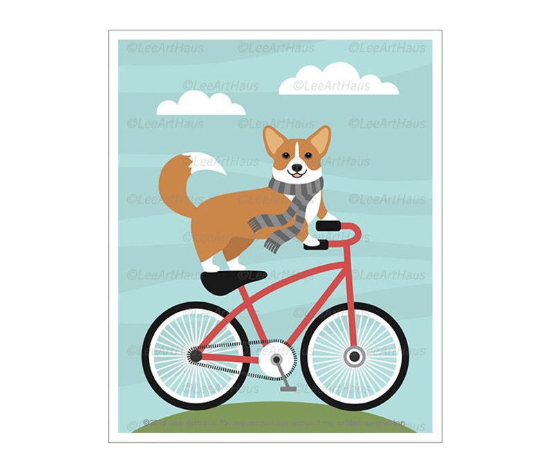 794x681 Dog Art Corgi Dog On Bicycle Wall Art Dog Prints Etsy