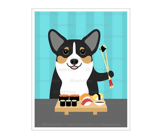 570x489 Pet Portrait Tricolor Corgi Dog Eating Sushi Wall Art Etsy