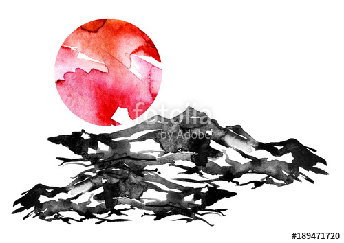 500x354 Watercolor Painting Nature, Mountains, Countryside, Black