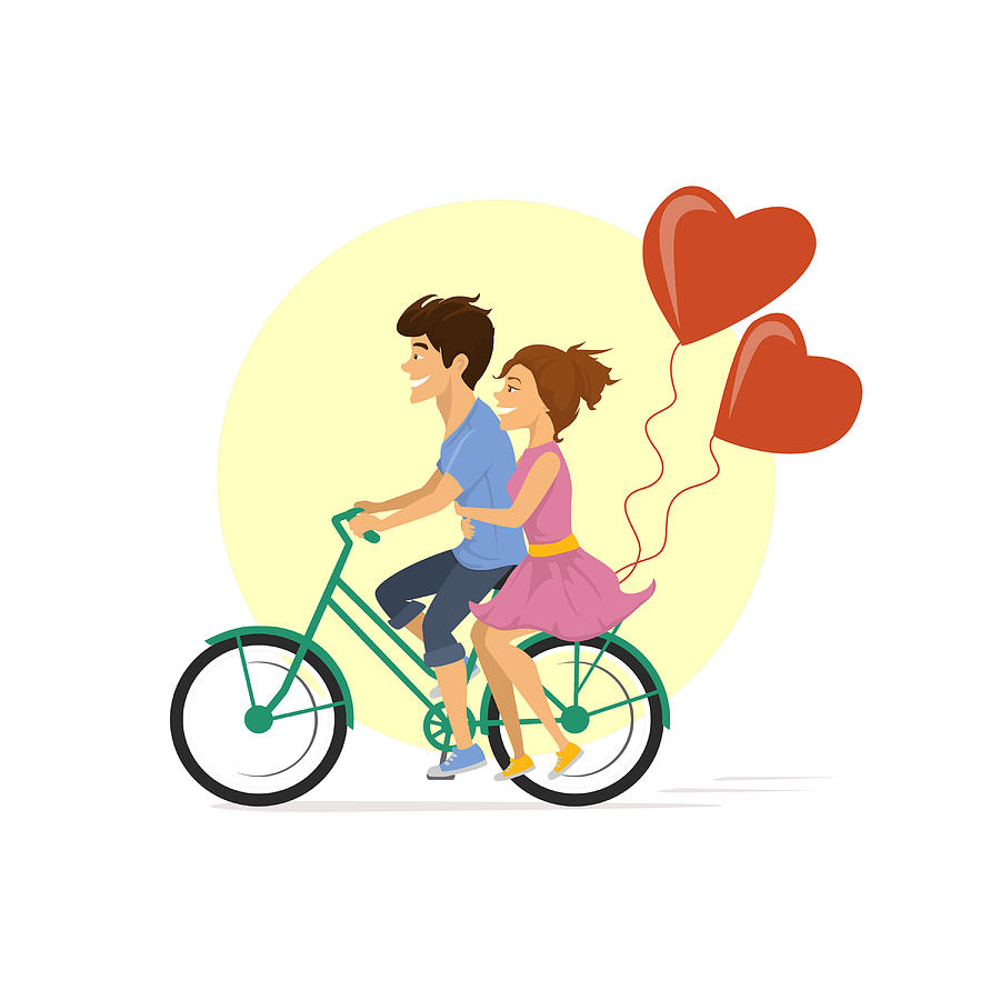 900x900 Drawing Young Cute Couple Riding Bike With Heart Balloons