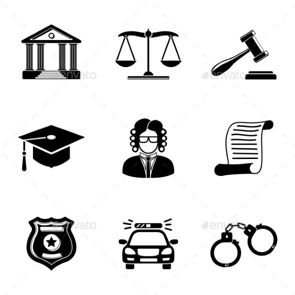 590x590 Law, Justice Monochrome Icons Set With Scales And Hammer, Court