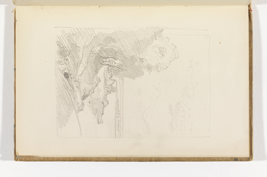 1024x677 sketchbook folio, tree covered hillside looking toward harbor town