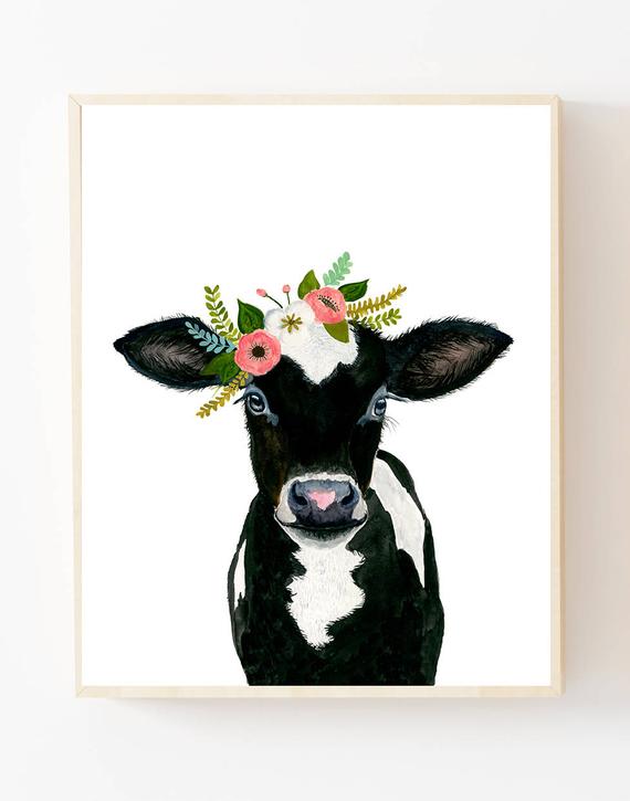 570x725 Flower Crowned Black Calf Baby Farm Animals Cow Painting Etsy