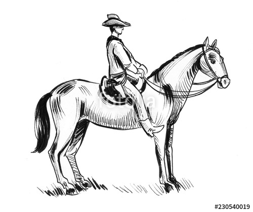 500x419 Cowboy On A Horse Back Ink Black And White Illustration Stock