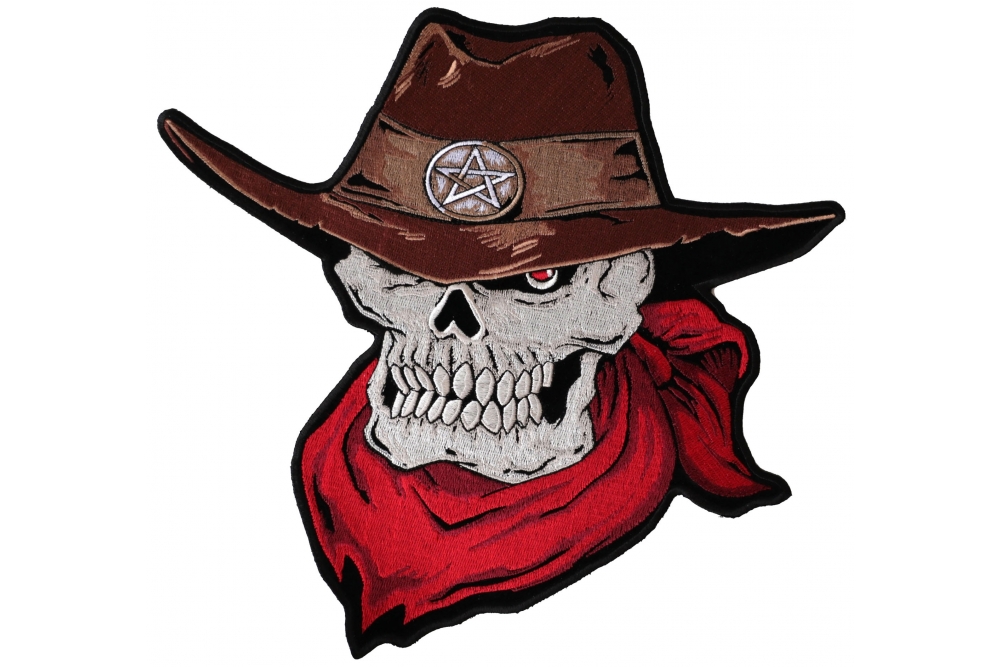 1000x667 Skull Cowboy With Brown Cowboy Hat And Red Scarf Large Back Patch