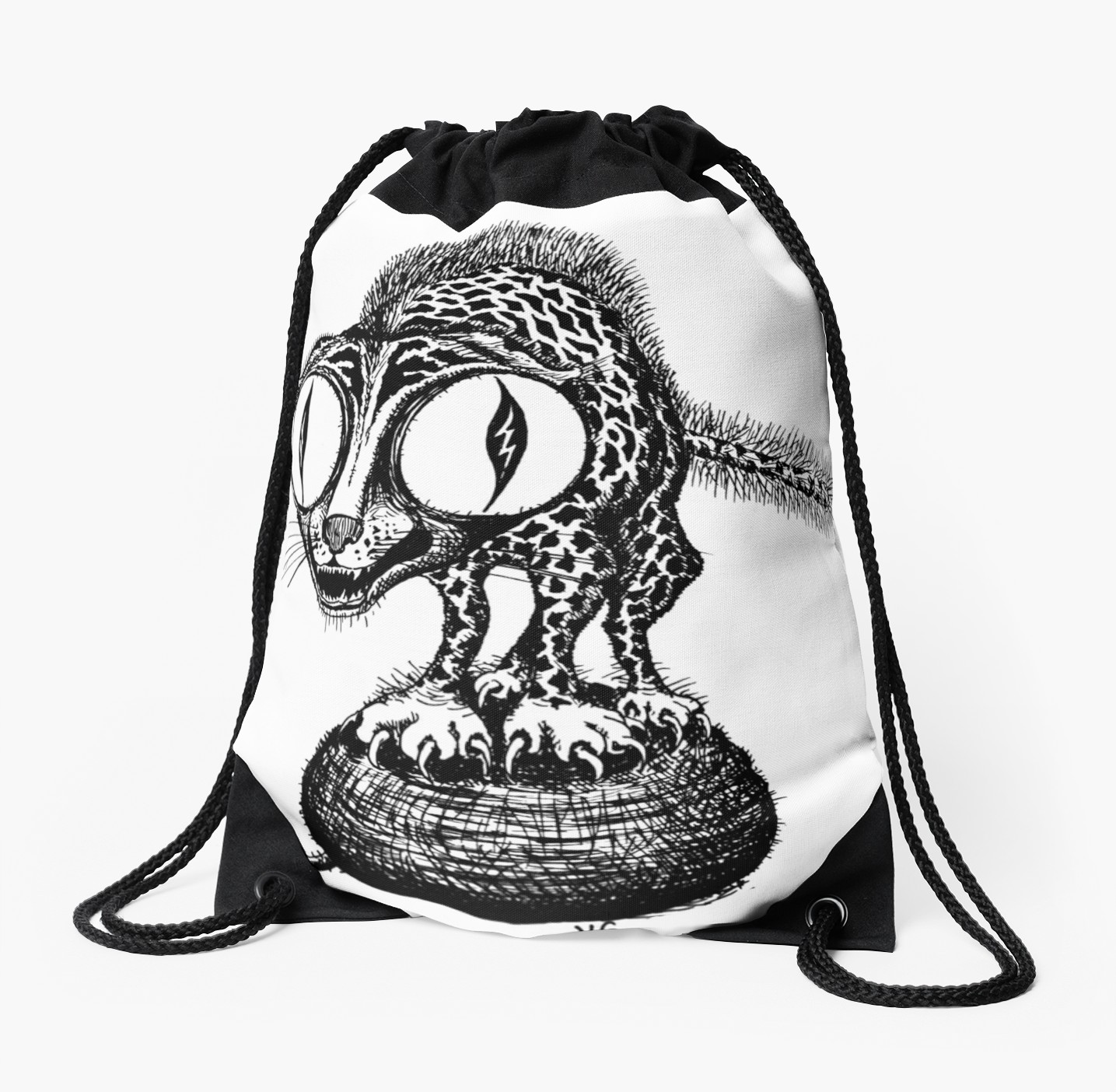 1435x1404 Crazy Cat Surreal Black And White Pen Ink Drawing Drawstring Bag