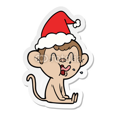 400x400 Crazy Sticker Cartoon Of A Monkey Sitting Wearing Santa Hat Buy