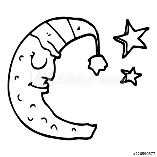 500x500 Line Drawing Cartoon Moon With Sleeping Cap