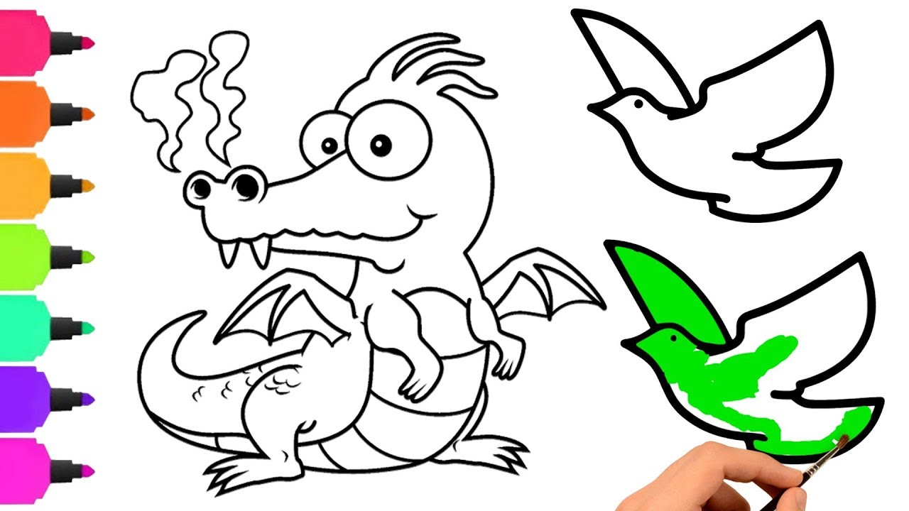 1280x720 Crocodile Colors Drawing For Kids Flying Birds Line Art Coloring