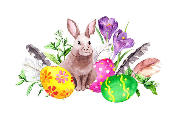 600x380 easter bunny with colored eggs, grass, crocus flowers, feathers