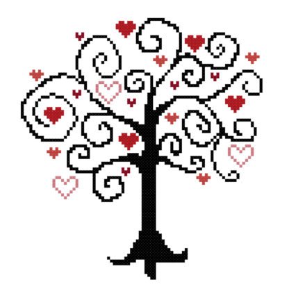 416x416 Whimsical Heart Tree Cross Stitch Pattern
