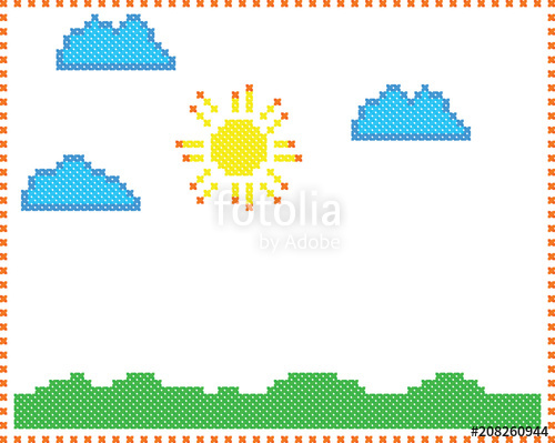 500x399 Sun In Clouds Over Green Grass Children's Drawing Style Like