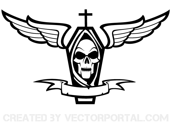 600x450 Vector Coffin With Cross, Skull, Wings And Ribbon