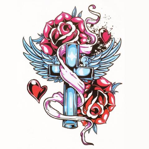 480x480 cross roses temporary tattoo, vintage rocker tattoo, traditional