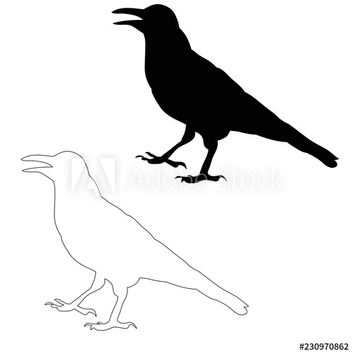 499x500 Silhouette Bird Crow, Sketch Isolated, Vector