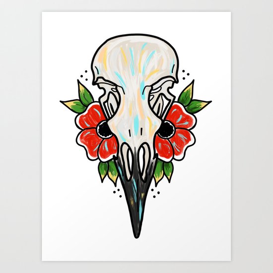 550x550 Crow Skull And Flowers Art Print