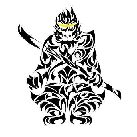 480x480 Tribal Monkey King In Golden Crown With Sword Tattoo Design