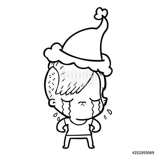 500x500 Line Drawing Of A Crying Girl Wearing Santa Hat Stock Image