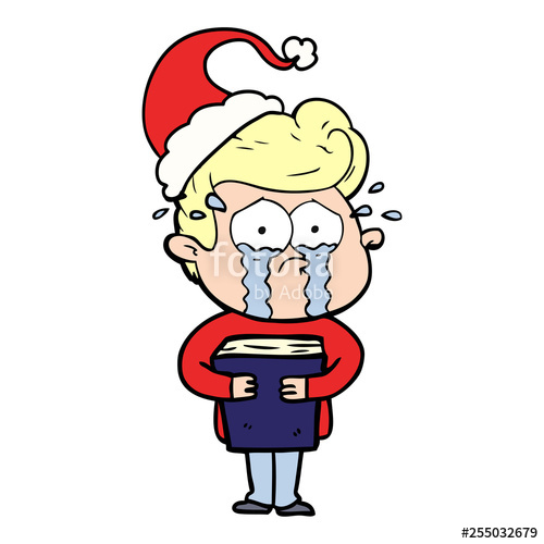 500x500 Line Drawing Of A Crying Man Holding Book Wearing Santa Hat Stock