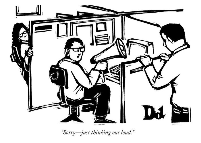 700x500 a man is seated in his cubicle with a megaphone greeting card