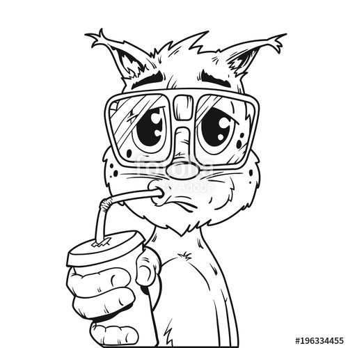 500x500 Vector Cartoon Cat In Glasses With Cup Of Water In Black Lines