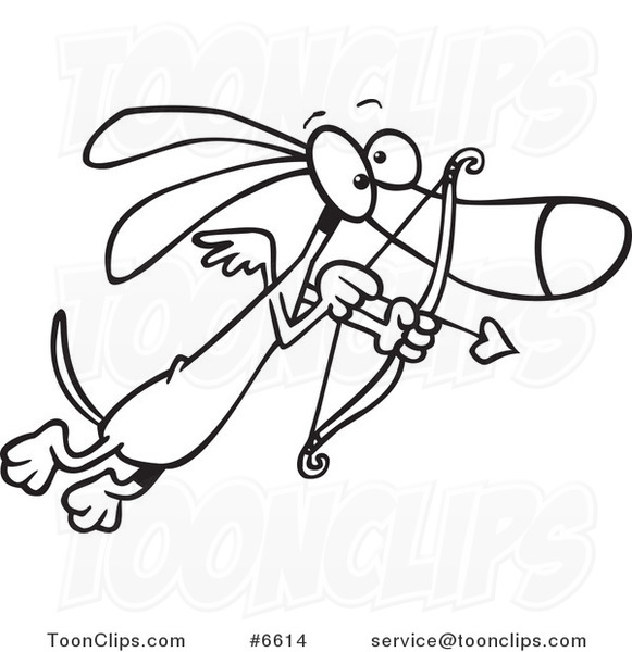 581x600 cartoon black and white line drawing of a cupid wiener dog