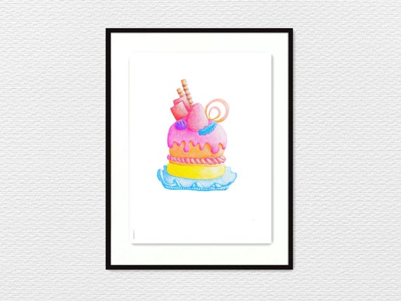 570x428 Cute Cake Dessert Colorpencil Drawing Nursery Bedroom Art Etsy