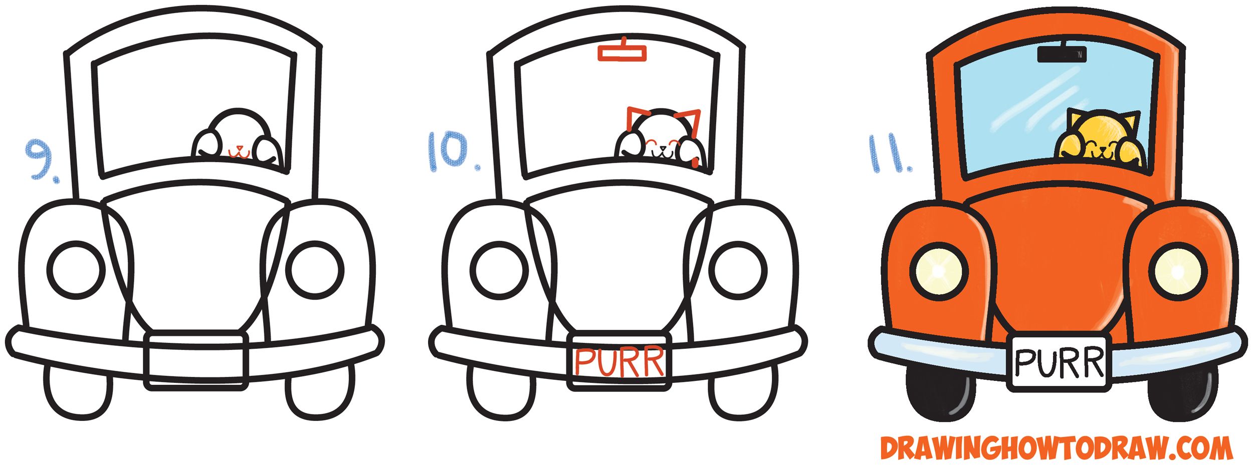 2500x929 How To Draw Cute Cartoon Cat Driving A Car From Exclamation Points