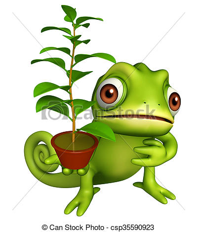 399x470 cute chameleon cartoon character with plant rendered clip