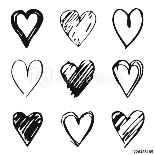 500x500 Hearts Icon Set, Hand Drawn Doodle Sketch Style Outline And Shape