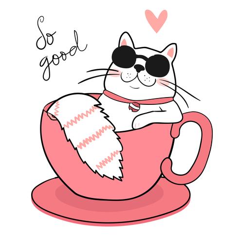 489x490 Cute White Fat Cat With Sun Glasses Sleeping In A Coffee Cup, Draw