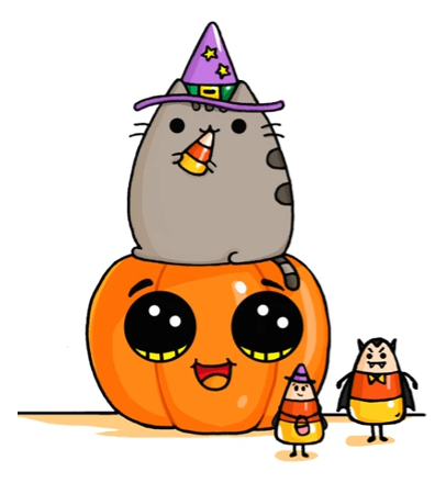 406x440 pusheen cat on pumpkin with candy corn pusheen kawaii drawings