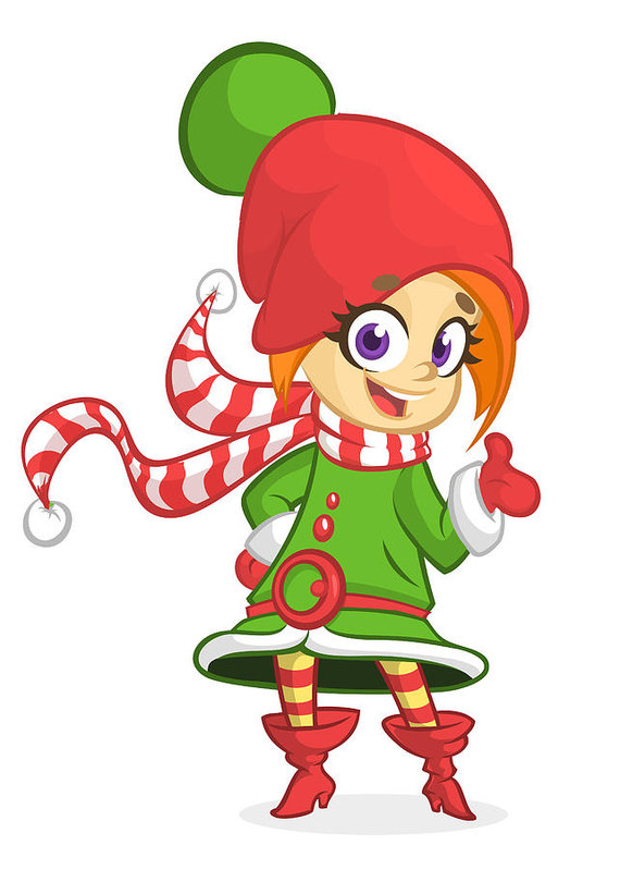 570x799 Cute Santa Helper Girl Shows On A White Blank Banner Cartoon
