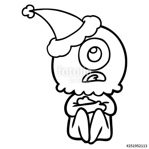 500x500 line drawing of a cyclops alien spaceman wearing santa hat stock