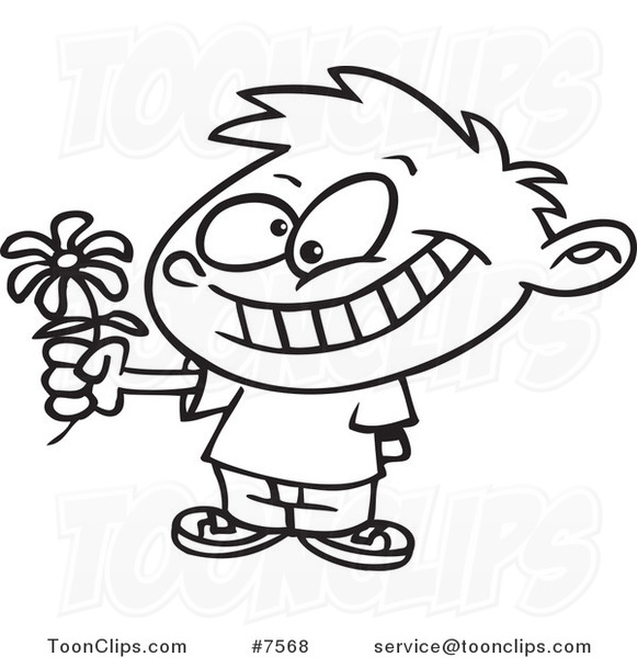 581x600 Cartoon Black And White Line Drawing Of A Sweet Boy Giving A Daisy