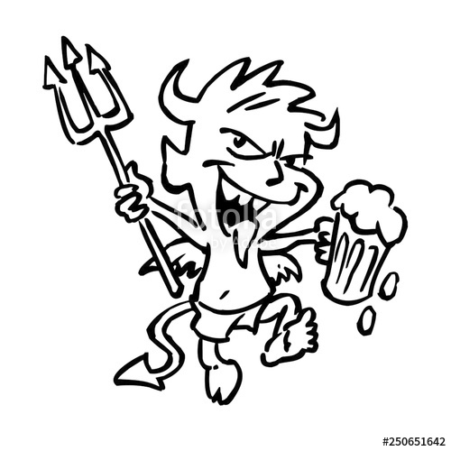 500x500 devil boy dancing with beer and pitchfork, black and white drawing