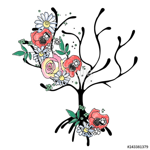 500x500 Vector Hand Drawn Graphic Illustration Of Tree With Flowers