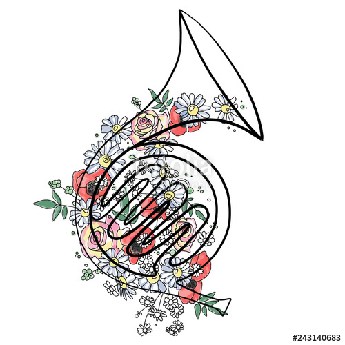 500x500 Vector Hand Drawn Graphic Illustration Of French Horn With Flowers