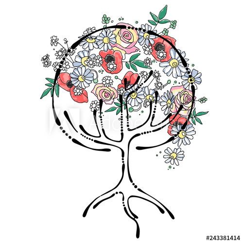 500x500 Vector Hand Drawn Graphic Illustration Of Tree With Flowers