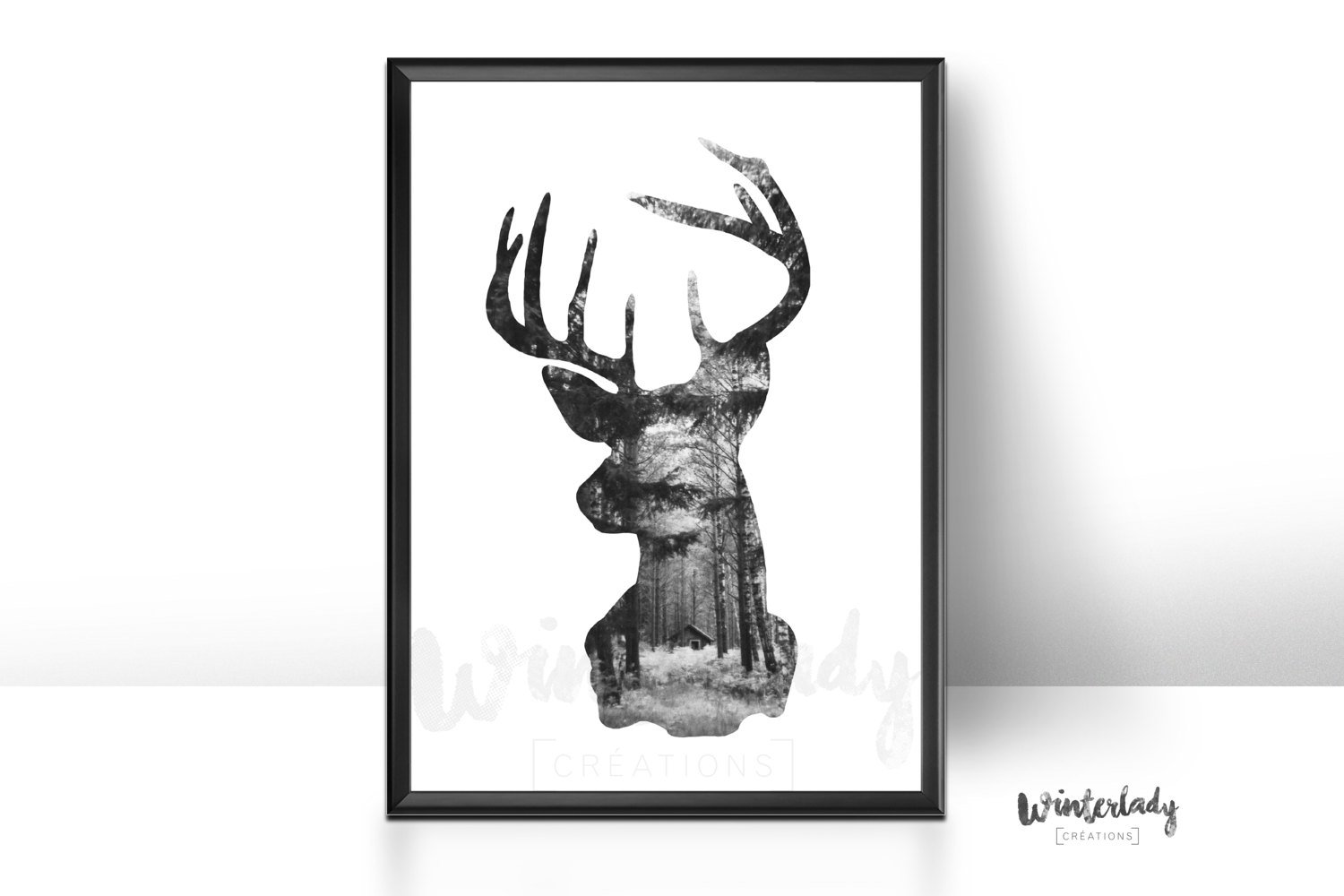 1500x1000 Deer And Dark Forest Black And White Poster Printable Etsy