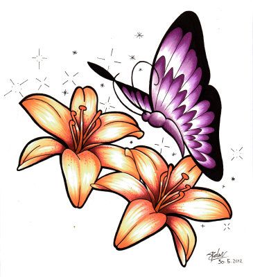365x400 Butterfly With Lily Flowers Drawing