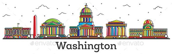 590x188 Outline Washington Dc Usa City Skyline With Color Buildings