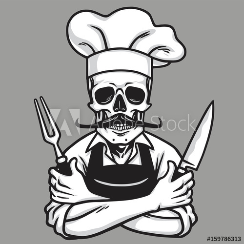 500x500 Dead Skull Chef Grinning With Fork, Knive, And Hat Vector Drawing