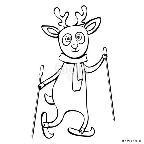 500x500 Painted Cute Funny Deer In Scarf Ride Skiing Linear Hand Drawing