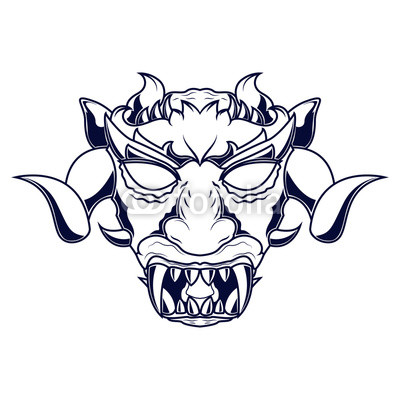 400x400 Line Art Illustration Of A Demon Head With Horns With Golden