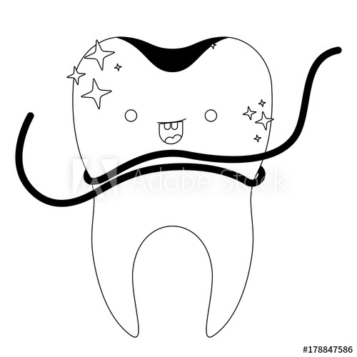 500x500 Kawaii Tooth With Root And Dental Floss Around In Black Silhouette