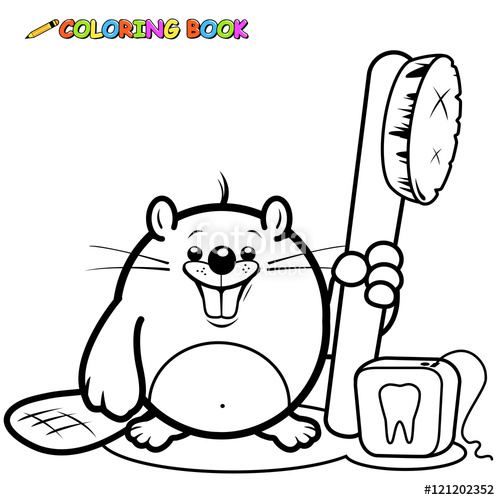 500x500 beaver holding a toothbrush and dental floss coloring book