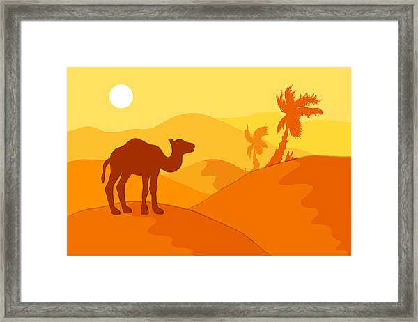 600x462 Desert Landscape With Camel, Palm Trees And Sun Framed Print