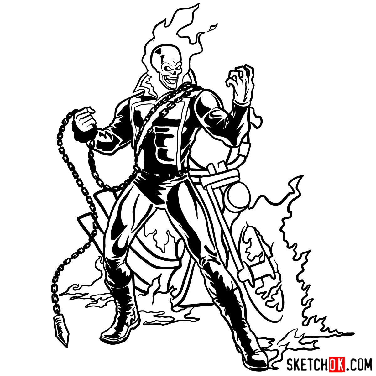 1200x1200 How To Draw Ghost Rider With His Flaming Bike