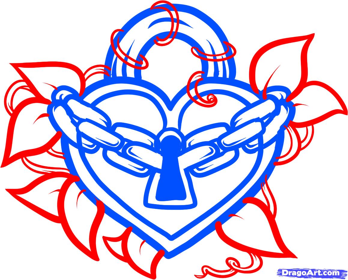 1159x934 step how to draw a heart lock, heart lock tattoo